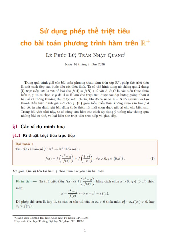 sử dụng phép thế triệt tiêu cho bài toán phương trình hàm trên r+